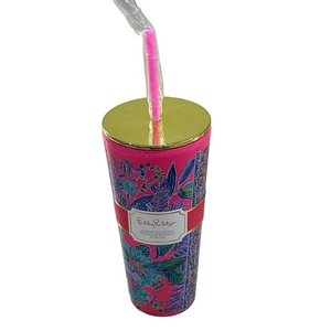 Lilly Pulitzer pink Blue Double Wall with gold Lid &Reusable Straw Insulated cup